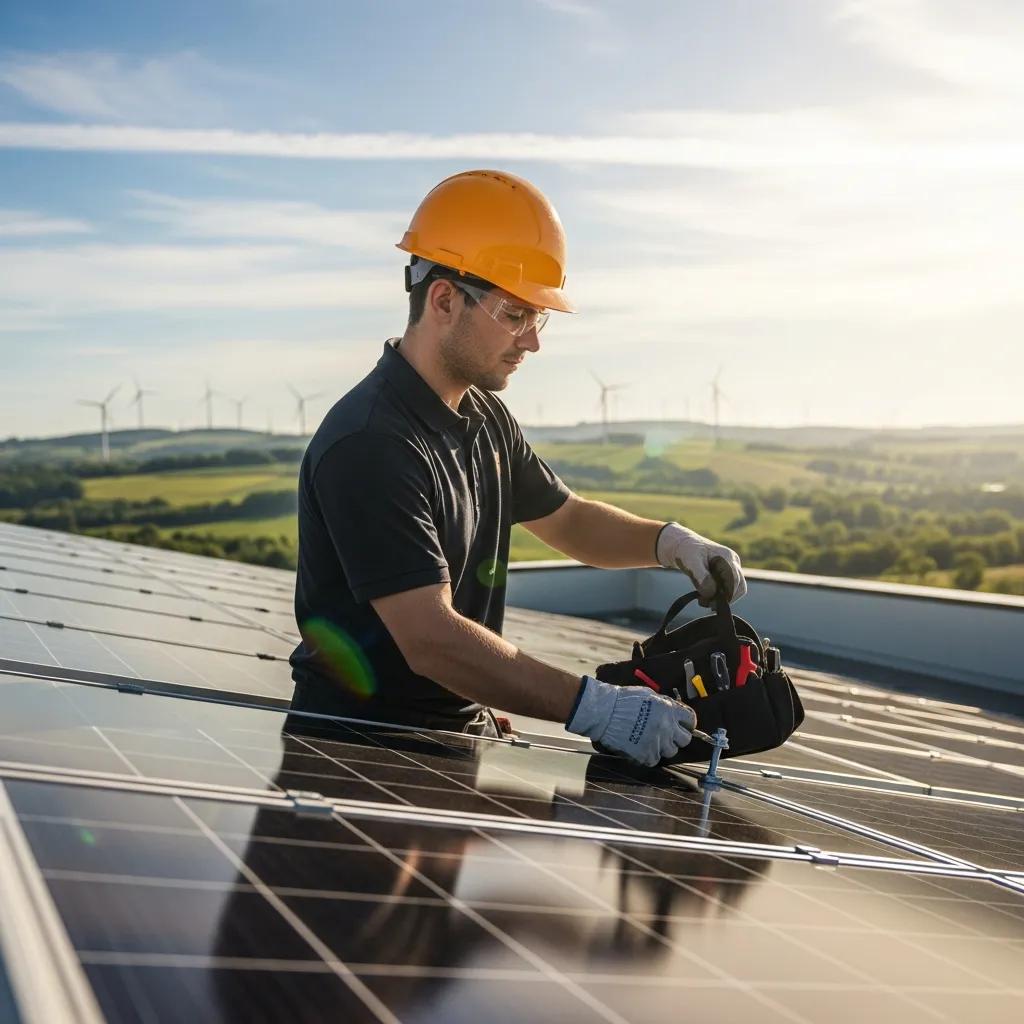 Renewable Energy Technician working on solar panels, highlighting job opportunities in the green economy