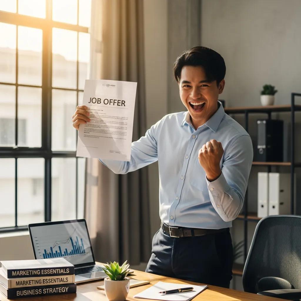 Successful job seeker celebrating a new job offer