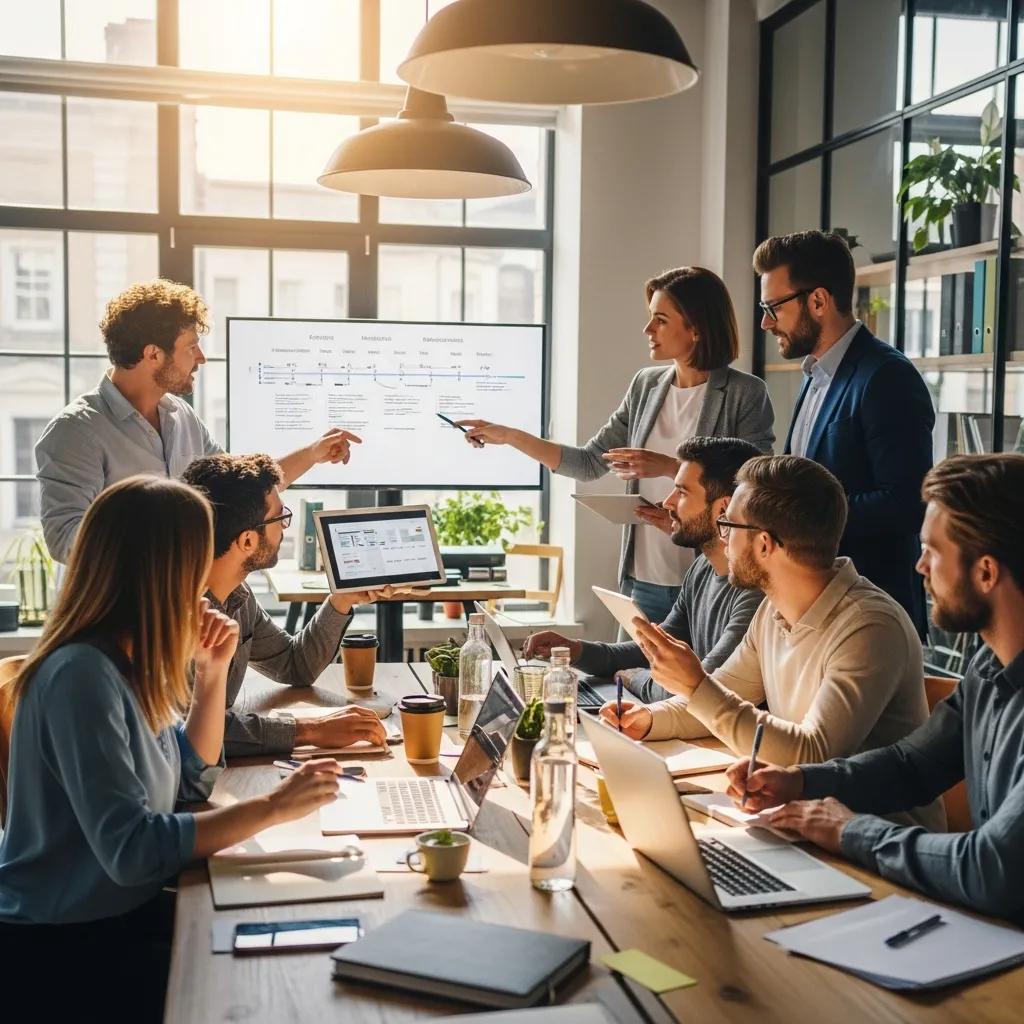 Team members collaborating and discussing feedback in a modern office setting