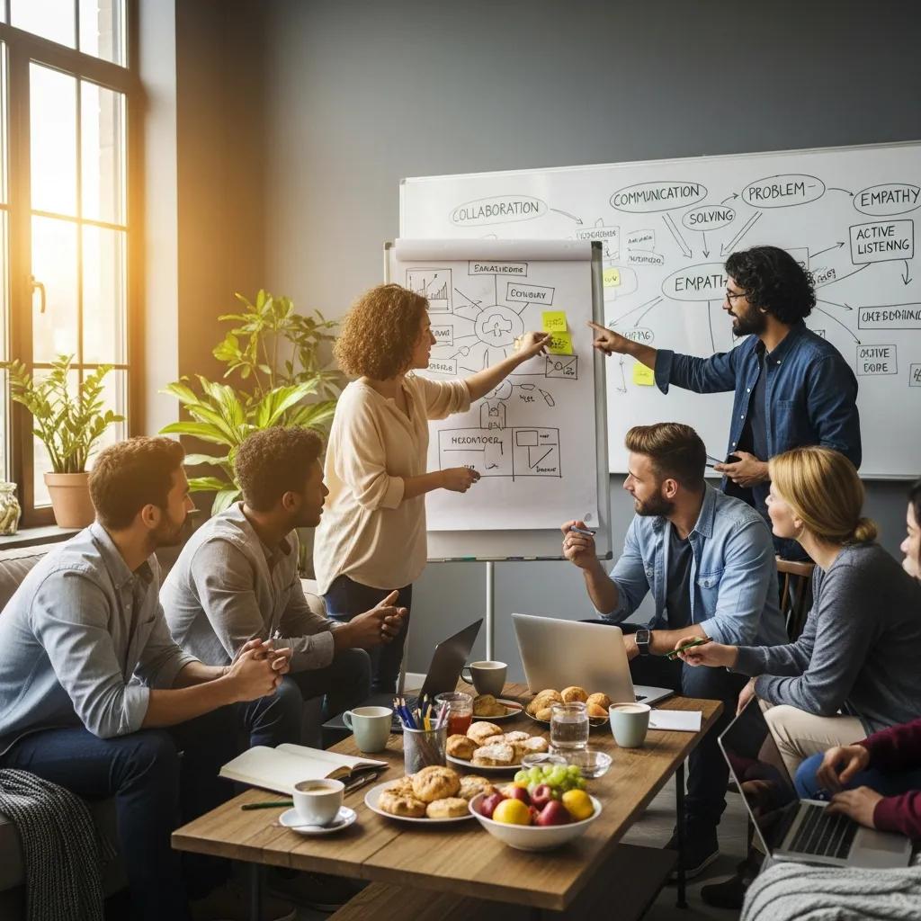 Team members engaged in a collaborative meeting, highlighting the importance of soft skills in the workplace