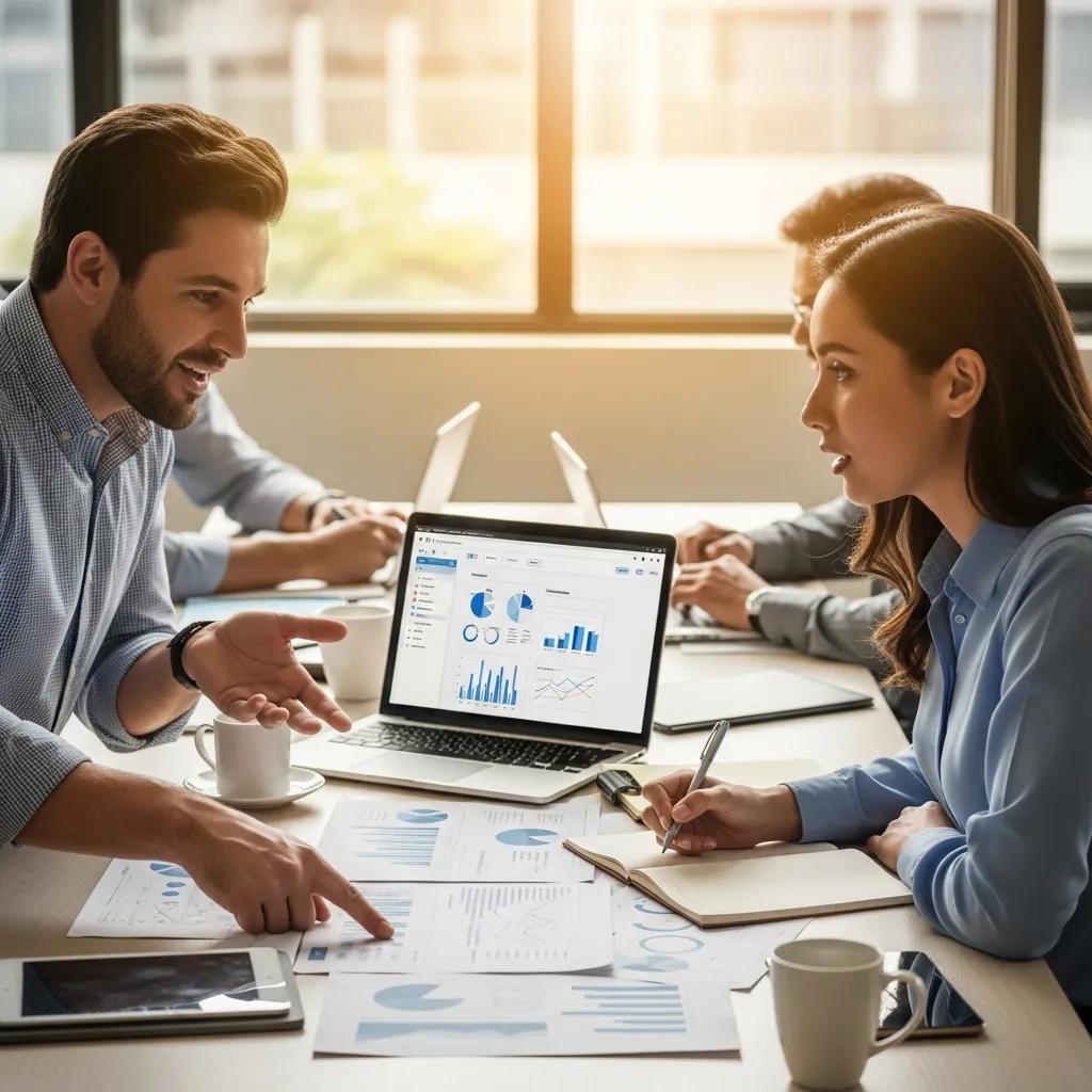 Two professionals collaborating over a project, showcasing effective communication and teamwork