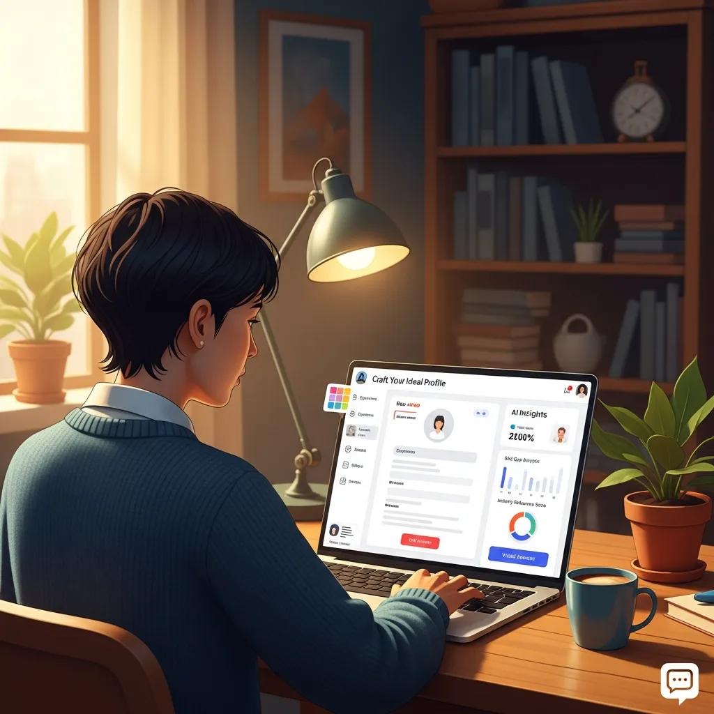 User interacting with an AI profile builder in a cozy workspace, showcasing customization and insights
