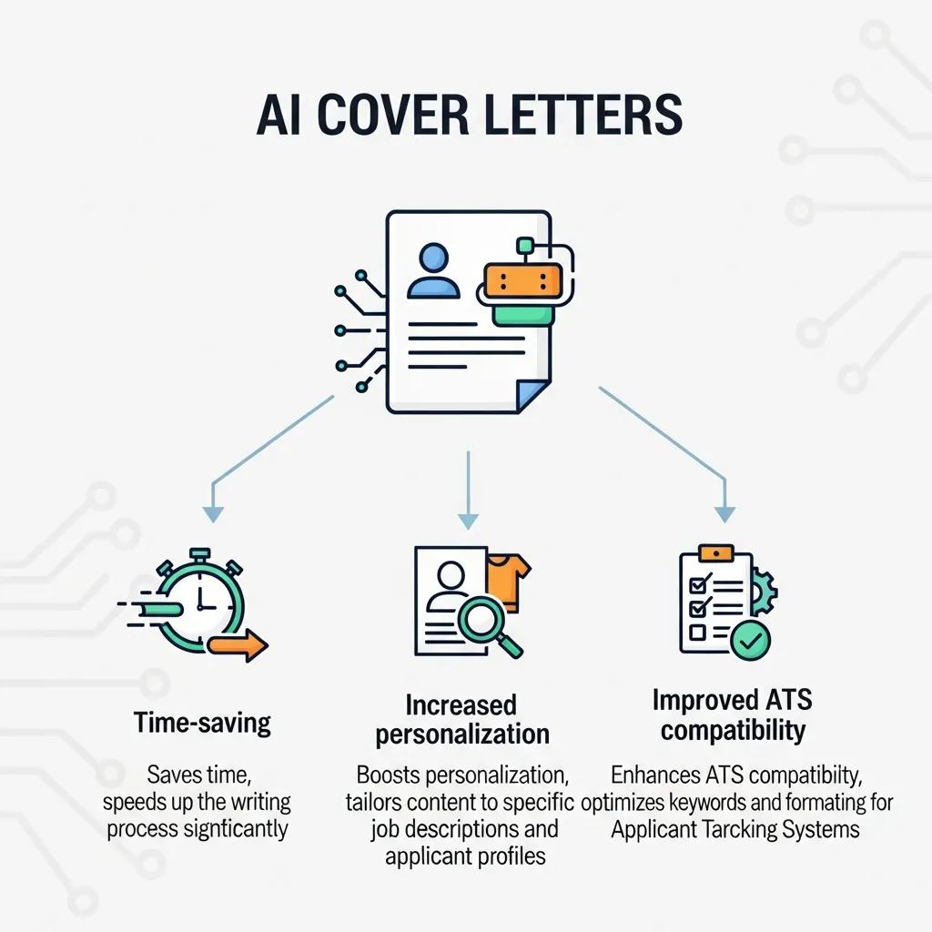Visual representation of the benefits of AI cover letter tools, including time-saving and personalization features