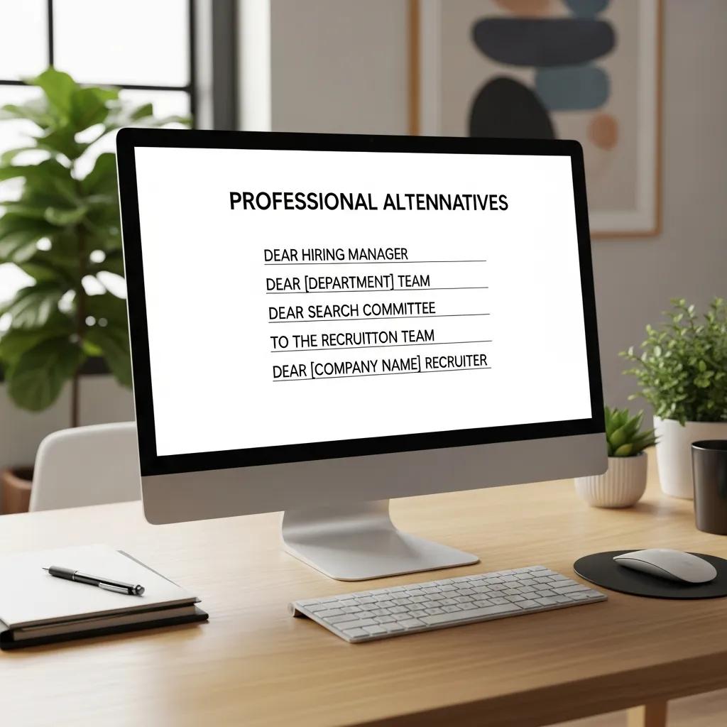 Workspace with a computer screen displaying professional alternatives for cover letter salutations, highlighting effective communication