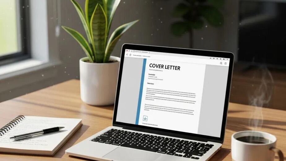 Workspace with laptop and cover letter template, symbolizing career change and job application process