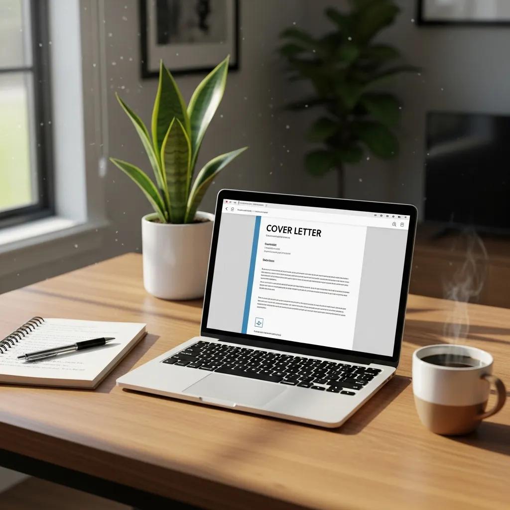 Workspace with laptop and cover letter template, symbolizing career change and job application process