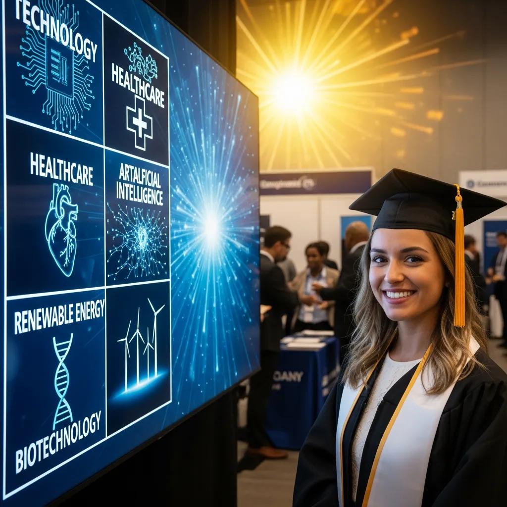 Young graduate at a job fair exploring high-growth career options in technology and healthcare