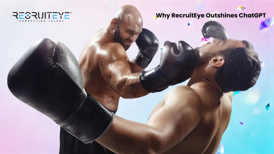 Boxers in a match representing RecruitEye's competitive edge over ChatGPT, with the brand logo and the text "Why RecruitEye Outshines ChatGPT" prominently displayed.