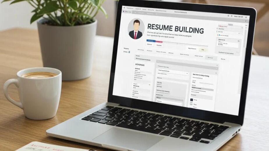 Laptop displaying a resume building software interface, coffee cup, and potted plant on a wooden desk, representing cloud-based career document management.