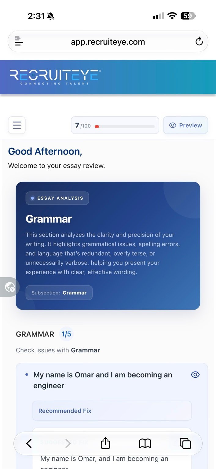 Essay Analyzer grammar feedback with an example sentence and a recommended revision