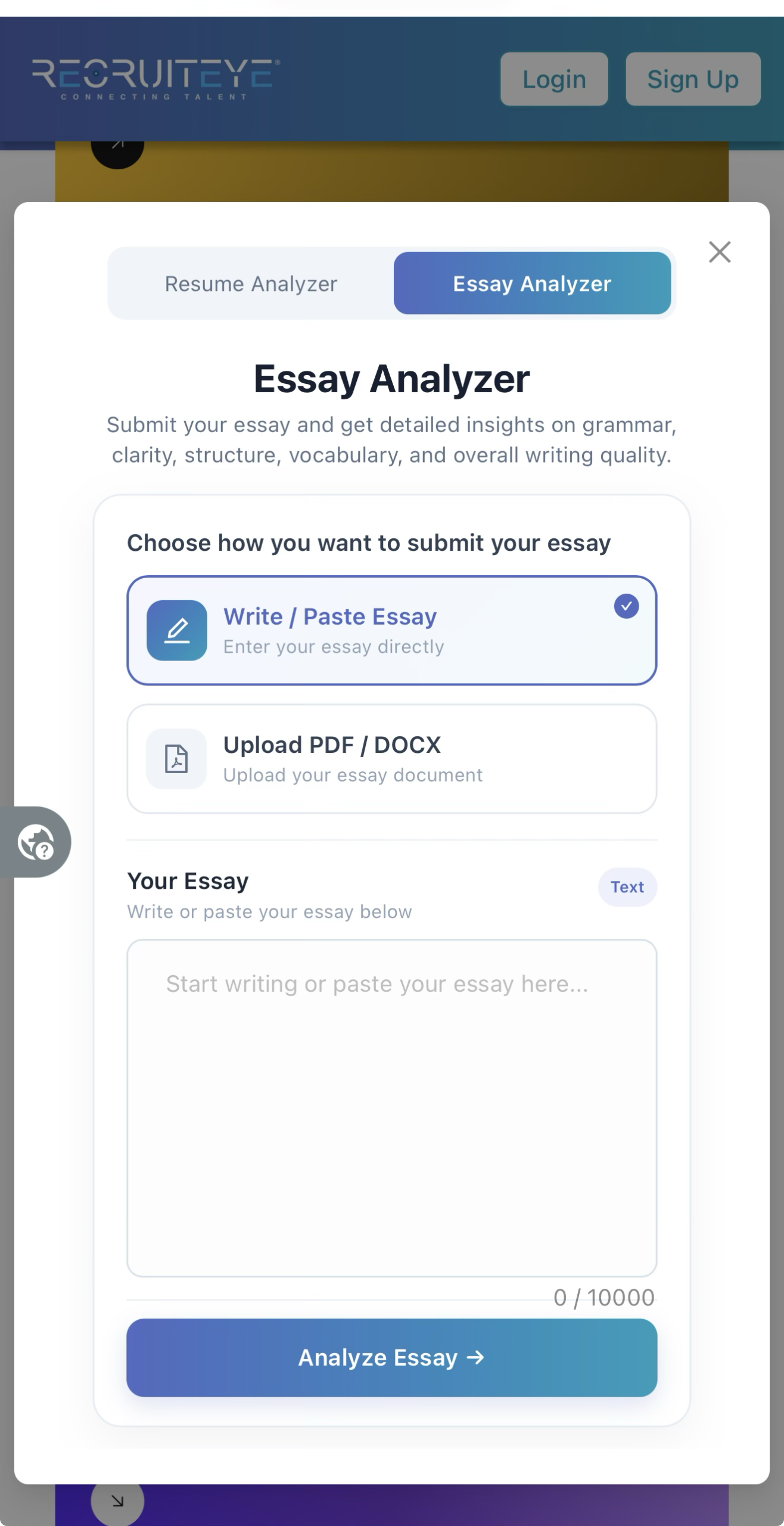 RecruitEye Essay Analyzer with options to paste an essay or upload a PDF or DOCX
